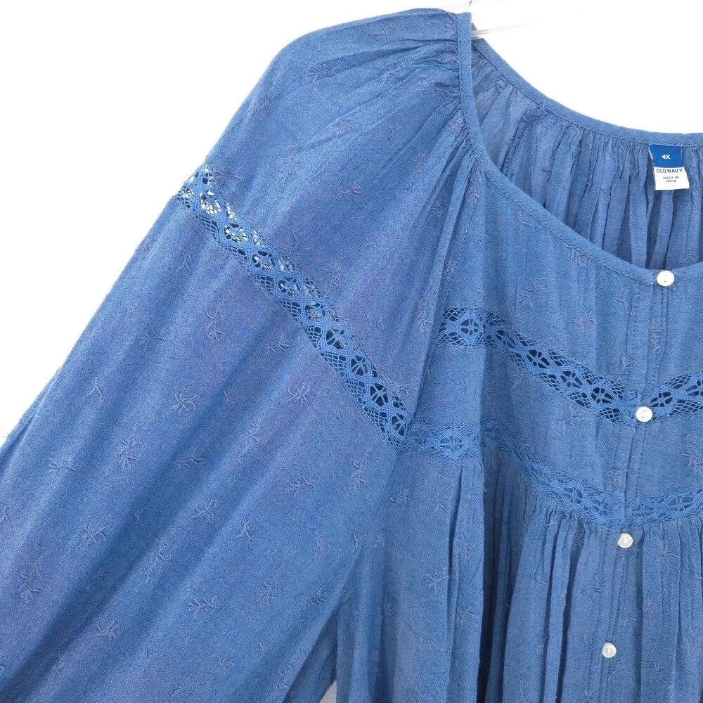 Old Navy womens embroidered chambray button up top Size 4X blue long puff sleeve